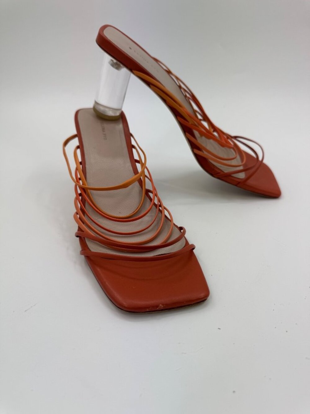 Rejina Pyo Orange Leather Strappy Mule Sandals Clear Lucite Block Heels Size 8 / - Picture 15 of 16